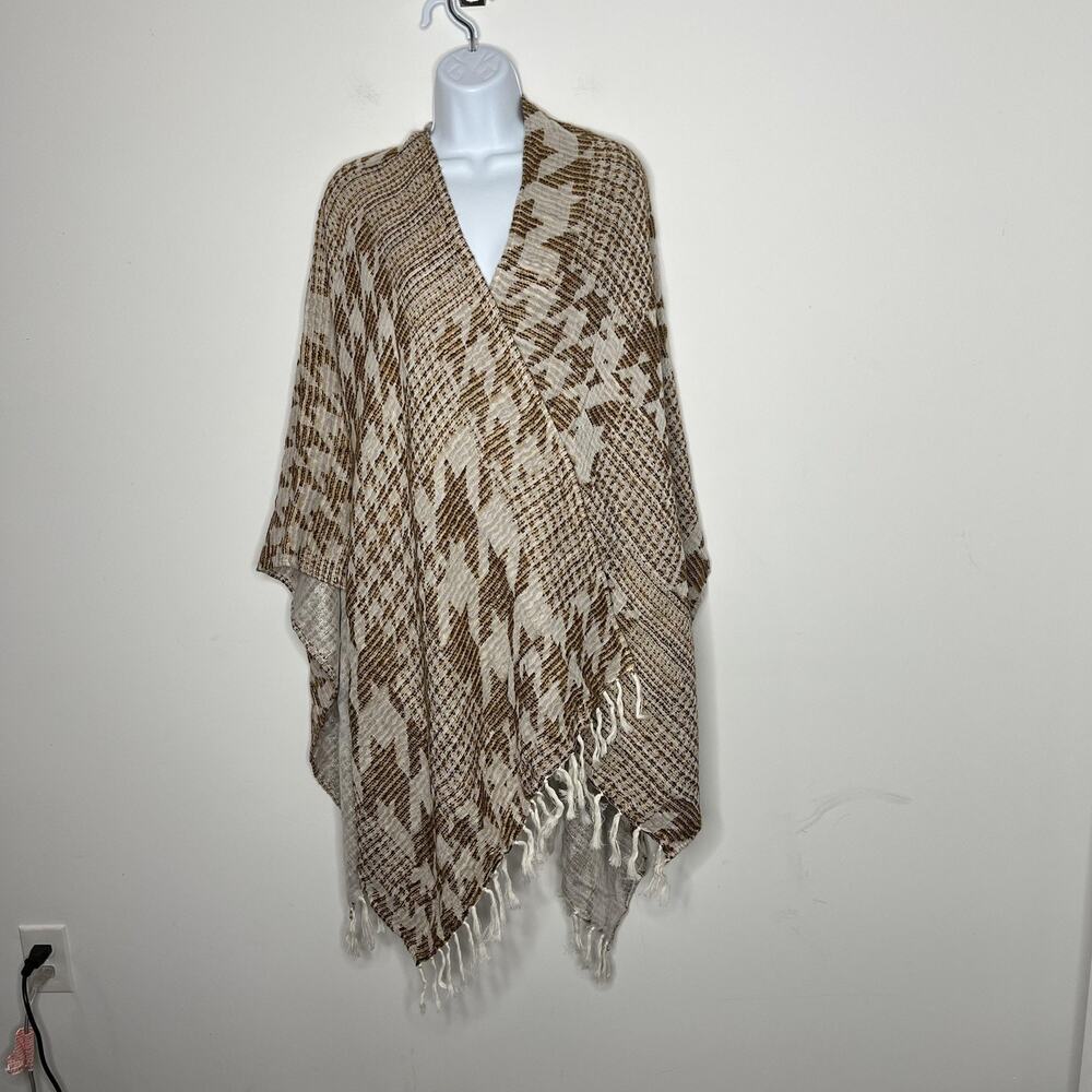 Soft Surroundings Poncho Womens One Size Brown Tan Houndstooth Fringe Ruana‎
